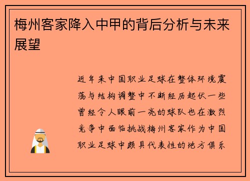 梅州客家降入中甲的背后分析与未来展望